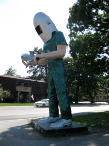 Giant Space Man outside the Launch Pad cafe